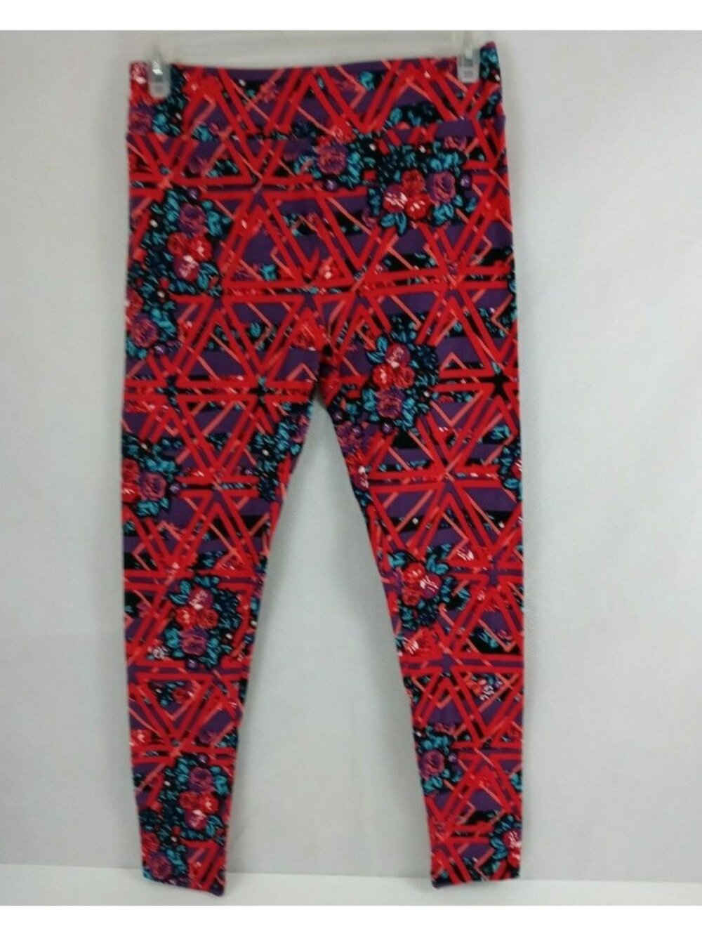 New LuLaRoe Tall & Curvy Leggings Purple With Red & Jade Triangles & Roses